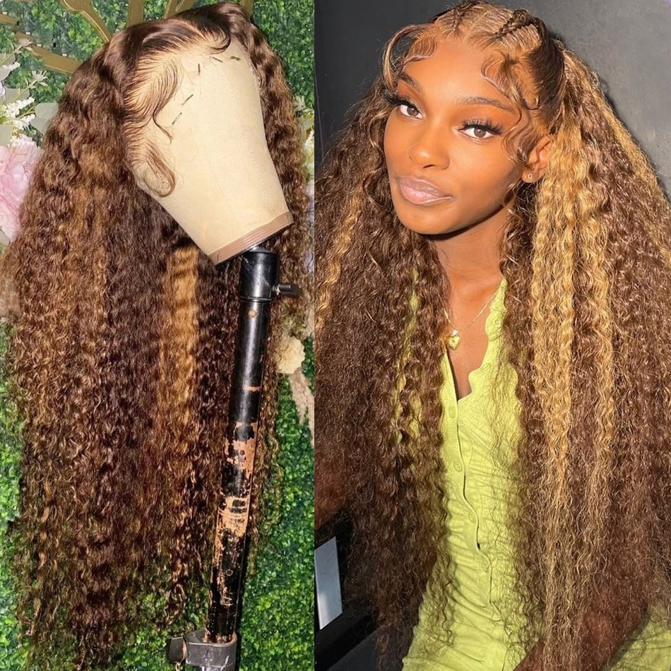 Longo #4/77 Destaque Destaque Wigs Human Wigs ombre ombre loira renda de renda encaracolada peruca sintética para mulheres negras