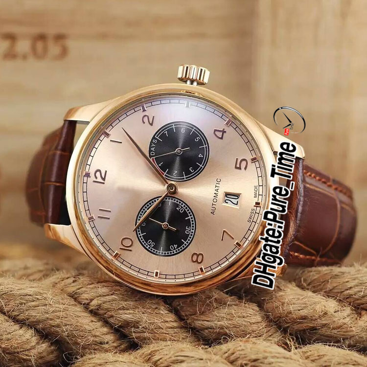 42mm Portugieser 500125 Mens 시계 7 일 파워 리저브 그레이 블랙 다이얼 로즈 골드 케이스 스트랩 날짜 새로운 시계 PTI249R