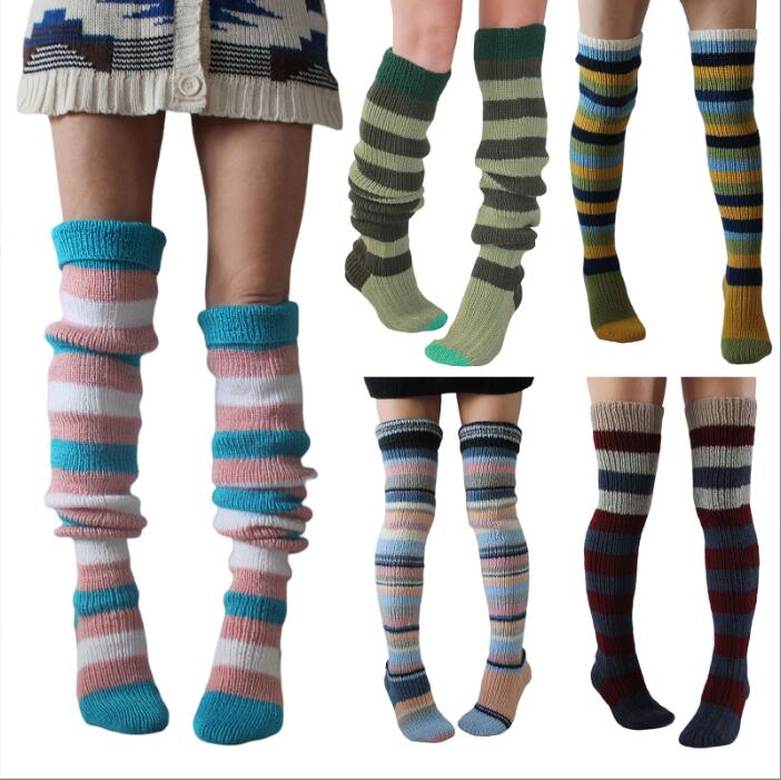 Socks Wool Striped Knee High Socks Fashion Knitted Pile Stockings for Women Casual European American Chaussette Leg Warmers Underwear BC225