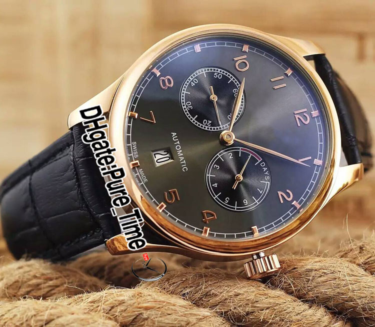 42mm Portugieser 500125 Mens Watch 7 Days Power Reserve Gray Black Dial Rose Gold Case Leather Strap Date New Watches PureTime PTI2707