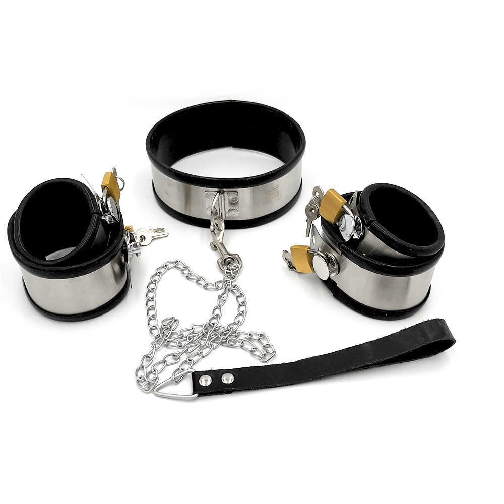 Beauty Items Black Stainless Steel Silicone Lockable Handcuffs Ankle Cuffs Neck Collar Slave BDSM Bondage Shackles Restraints Adult sexy Toys