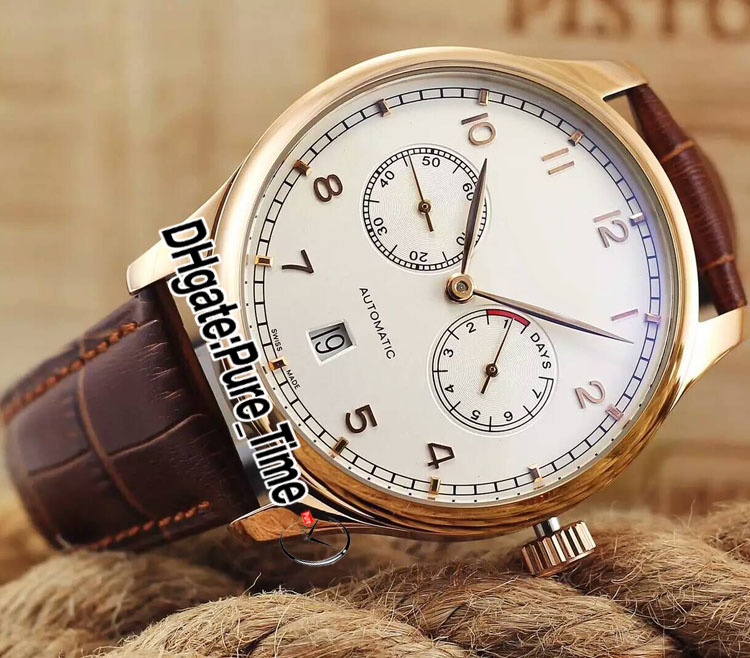 42mm Portugieser 500125 Mens 시계 7 일 파워 리저브 그레이 블랙 다이얼 로즈 골드 케이스 스트랩 날짜 새로운 시계 PTI249R