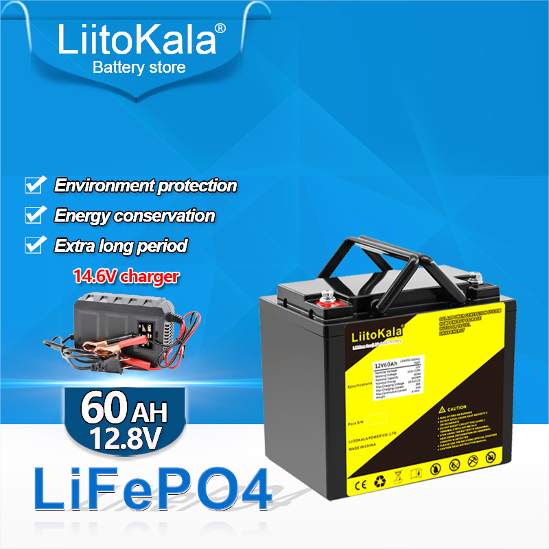 Liitokala 12V 50AH 60AH 80AH 100AH ​​120AH Bateria do ciclo profundo LifePO4 Bateria recarregável Pacote 12.8V Ciclos de vida 4000 com proteção BMS embutida e carregador de 14,6V