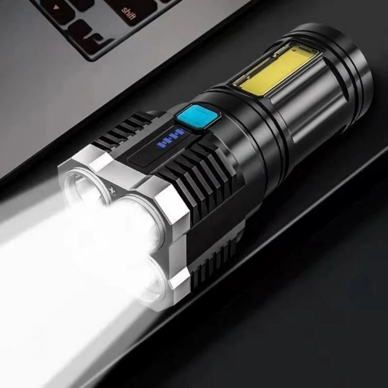 4 LED Super Bright Flashlight充電式の屋外マルチファンクフスフーフLEDロングレンジスポットライトバッテリーディスプレイCob Light5810750