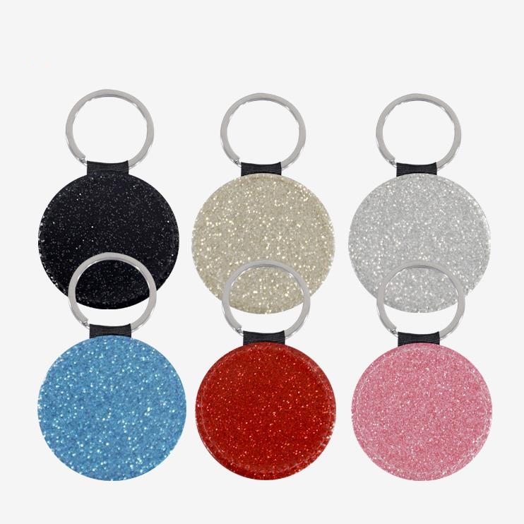 Favor de festas Pu Leather Sublimation Keychain Home Blanks Transferência de calor Forma redonda Glitter Backside Keyring DIY presente SN598