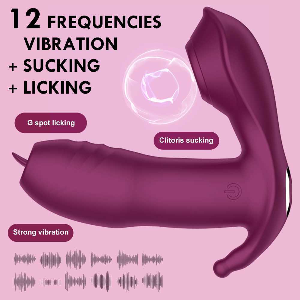 Articoli di bellezza Succhiare vibratori Leccare la lingua Farfalla Riscaldamento Dildo Mutandine Vibratore Stimolatore del punto G Telecomando senza fili Adulto sexy 