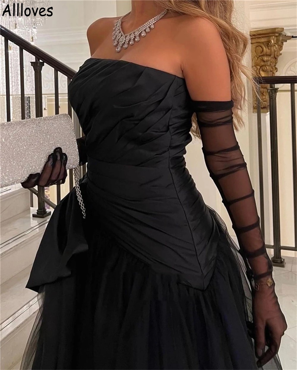 Vintage siyah askısız tül gece elbise zarif saten dantelli seksi kabarık imparatorluk bel prenses balo elbiseleri