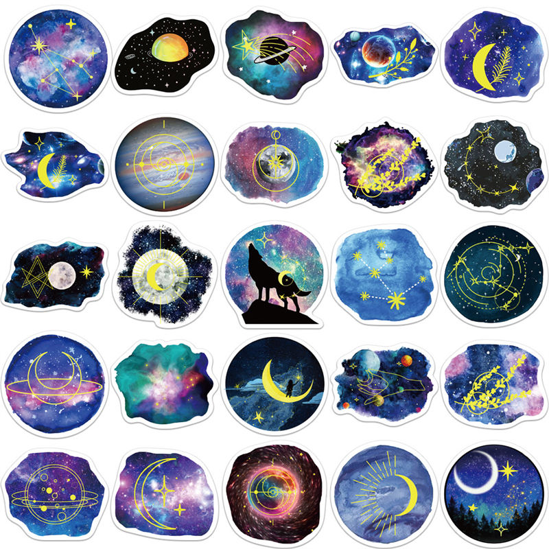 50st vackra Moon Planet Stickers Moonlight Starry Sky Galaxy Graffiti Stickers för DIY Bagage Laptop Skateboard Motorcykel Cykeldekal