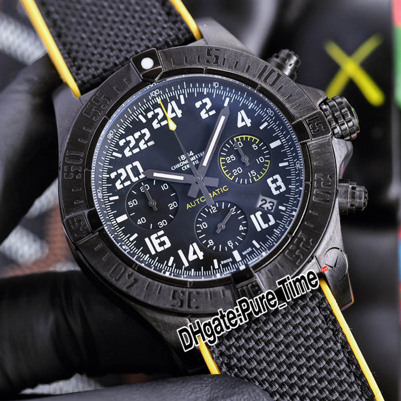 44mm Avenger Hurricane Cronografo al quarzo Orologio da uomo XB1210E4.BE89 Quadrante nero Cassa in acciaio PVD nero Cronometro Nylon Cinturino in caucciù giallo PureTime PTBE C142B1