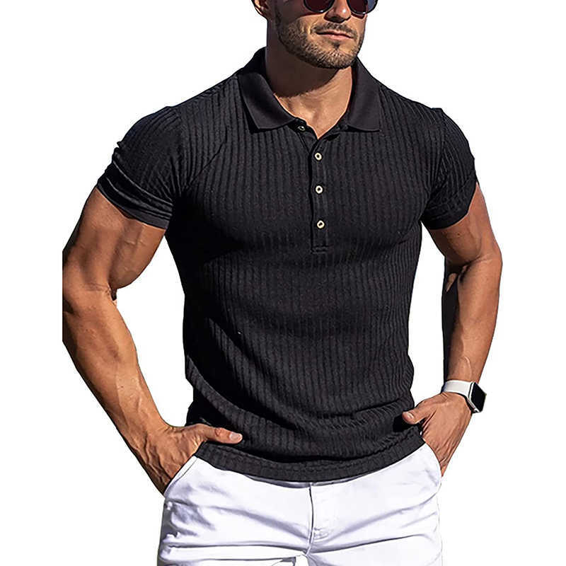 Men's T-Shirts Summer Solid Color Turn-Down Collar Men's Button Oversized T-shirt Short Sleeved Stripe Fitness Top T230103
