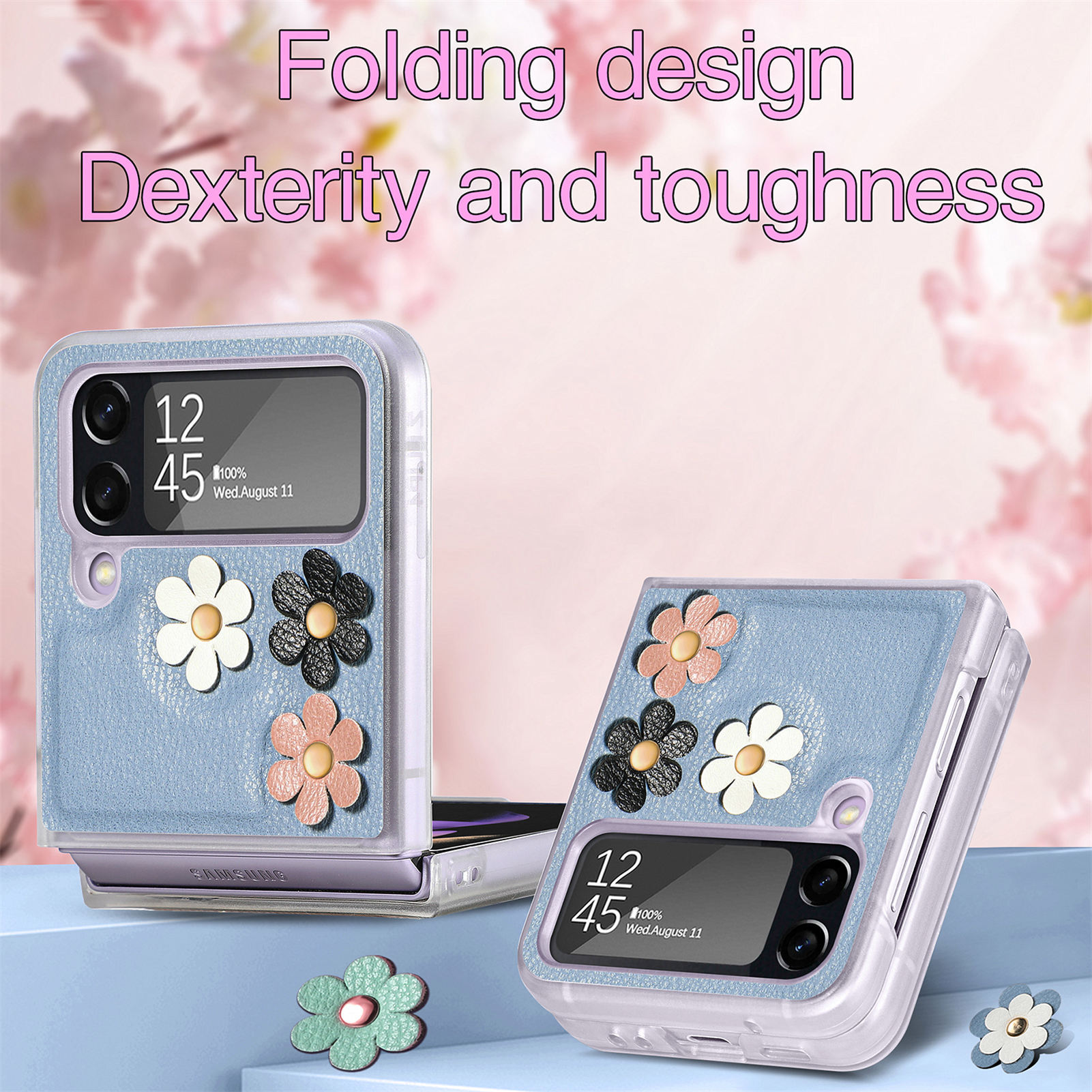 3D Çiçekler Lady Elegent Moda Lüks Katlanır Tasarım Telefon Kılıfları Samsung Galaxy Z Flip 4 Zflip Desen Koruyucu Orijinal Dokunma Deri Kolye Kapağı