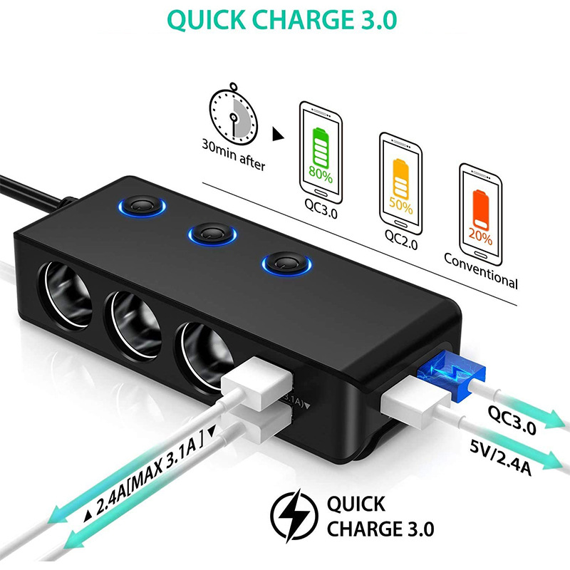 120W autolader Sigarettenaansteker Splitter 4 USB -poorten Quick Charge QC3.0 Universal 12V/24V 3 Socket Power Adapter met 3 Switch TR30