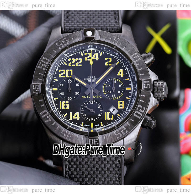 44mm Avenger Hurricane Cronografo al quarzo Orologio da uomo XB1210E4.BE89 Quadrante nero Cassa in acciaio PVD nero Cronometro Nylon Cinturino in caucciù giallo PureTime PTBE C142B1