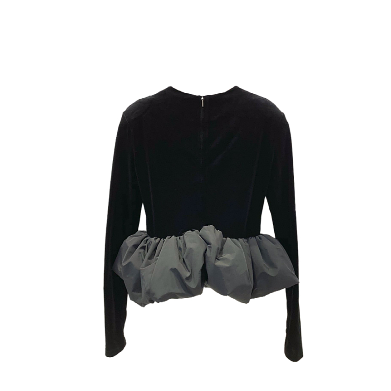 Tissu de velours à manches longues à col rond pour femmes patché volants peplum haut blouse chemise SMLXL