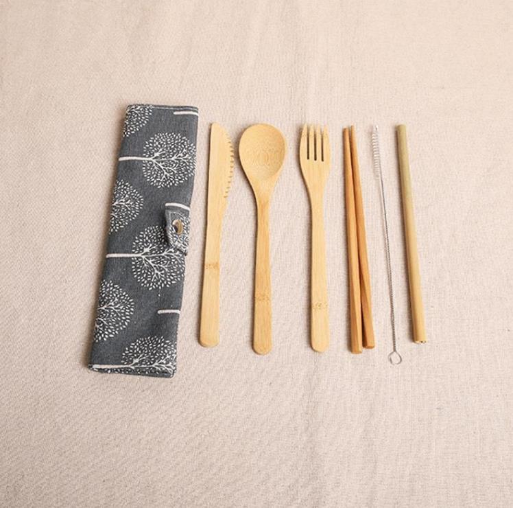 Wooden Dinnerware Set Bamboo Teaspoon Fork Soup Knife Catering Cutlery Set with Cloth Bag Kitchen Cooking Tools Utensil SN5075