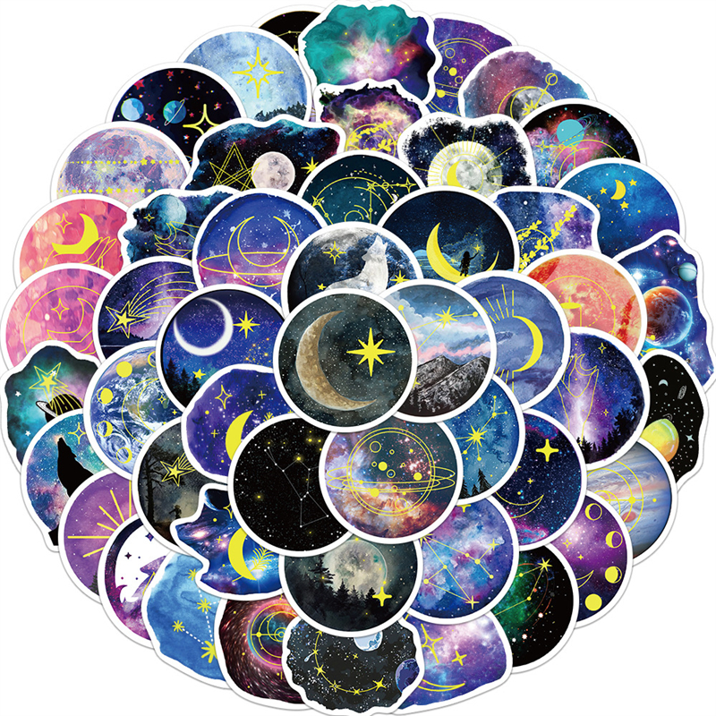 50st vackra Moon Planet Stickers Moonlight Starry Sky Galaxy Graffiti Stickers för DIY Bagage Laptop Skateboard Motorcykel Cykeldekal