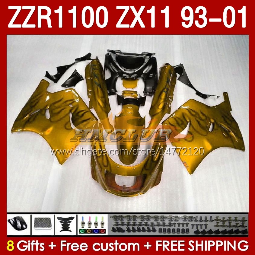 Gold Black OEM Full Body voor Kawasaki Ninja ZX-11 R ZZR-1100 ZX-11R ZX11R 93 94 95 96 01 165NO.64 ZZR 1100 CC ZX11 ZX 11 R 11R ZZR1100 1997 1998 1998 1999 1999 2000 2001 Fairingskit