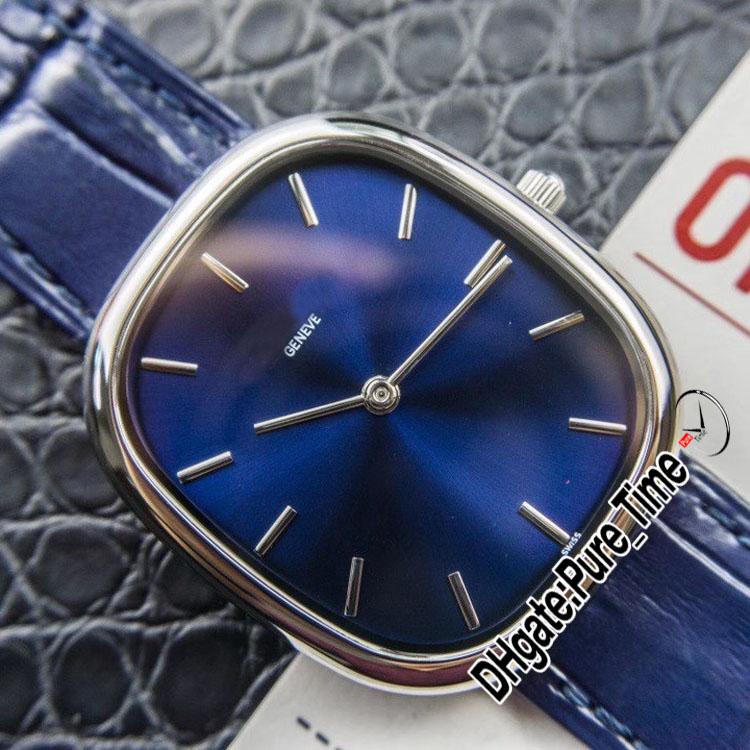 35.6mm gyllene ellipse 9015 Automatisk herrklocka 3738/100p blå dial stålfodral Stick Markers Blue Leather Strap Gents Watches Puretime PTPP E261A 1