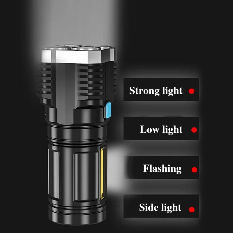 4 LED Super Bright Flashlight充電式の屋外マルチファンクフスフーフLEDロングレンジスポットライトバッテリーディスプレイCob Light5810750