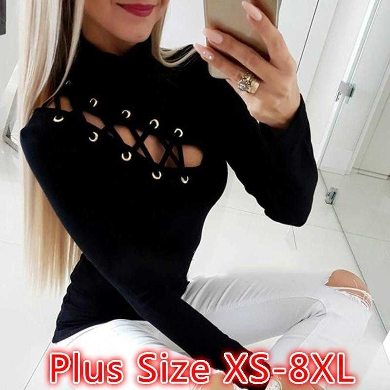 Women's T-Shirt 2022 Women Fashion Long Sleeves Twine T-Shirt Female Round Reck Casual Hollowed Out Large Size Tops Loose Pullover XS-8XL T230104