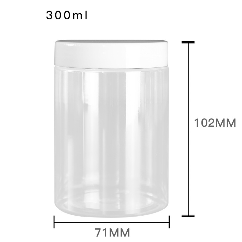 300 ml Durchmesser 68 mm Kunststoff-Verpackungsflasche, durchsichtige PET-Lebensmittel-Süßigkeitstöpfe, Aluminium-Schraubdeckel, leere Blumen-Teegläser, Kosmetikbehälter