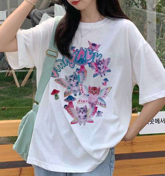 メンズTシャツハラジュクTシャツバタフライマッシュルームキャットプリントトップトップY2K特大TシャツカジュアルストリートビンテージTシャツパンク服T230103