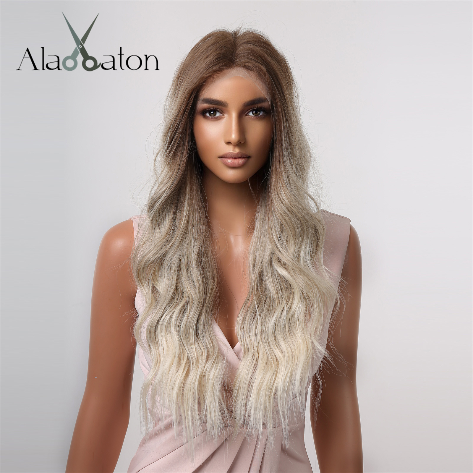 Lace Front Synthetic Wigs Long Brown Platinum Ombre Wave Middle Part Wigs for Women Daily Cosplay Use Heat Resistantfactory direct