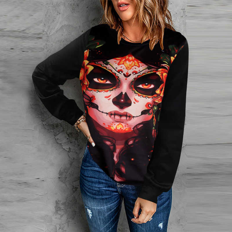 Damen T-Shirt Scary Facebook Print Frauen Halloween Party T-Shirt für 2022 Herbst Langarm Pullover Übergroße T-Shirts Casual O-Neck Lady Tops T230104