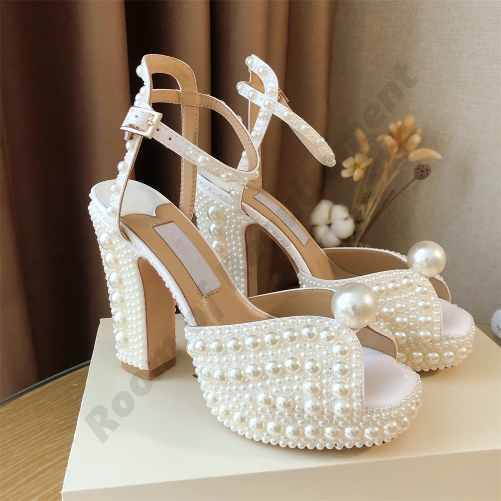 2023 Bridal Sacora dress Shoes pumps white Pearl Ivory Lace high heels Open Toe Banquet stilettos sandals shine cap toe fine tip sexy women's summer shoe