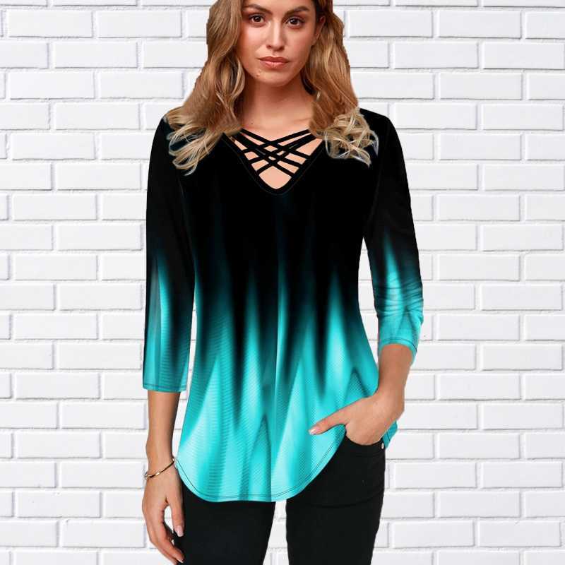 Women's T-Shirt 2022 Womens Casual Gradient Printed Tops Strappy Neck OmbreT Shirt Female Casual Colorful Half Sleeved Shirt Loose Pullover New T230104