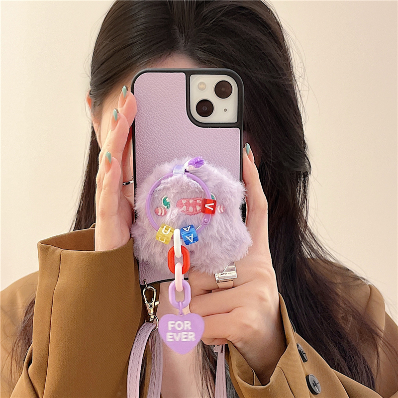 Crossbody Chain Furry Cartoon Monster Phone Cases for iPhone 14 13 12 11 Pro Max 7 8 SE2 SE3 Necklace Lychee Pattern Leather Protective Shell Shockproof