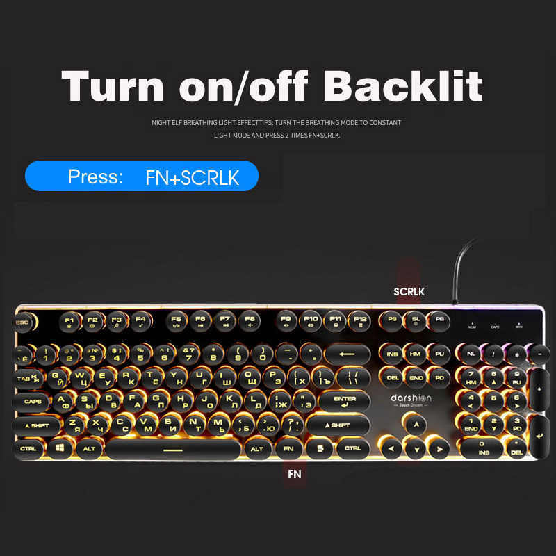 Gaming Russian Keyboard Retro Round Glowing Keycap Backlit USB Wired Metal Panel Illuminated Border Waterproof