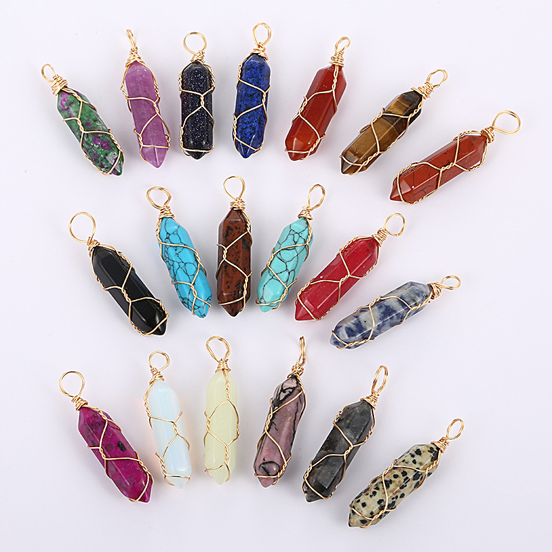 Pendant Gold Wire Wrap Natural Stone Charms Rose Quartz Mixed Pillar Bullet Shape Point Chakra Pendants for Jewelry Making Wholesale Handmade Craft Bulk WXY337