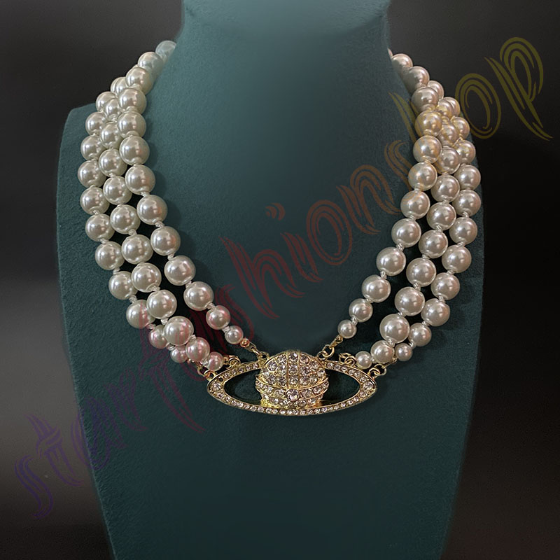 Saturn Necklaces Pearl Beaded Diamond Tennis Necklace Woman Silver Plating Triple Chains Vintage Trendy Style Desigenr Jewelry