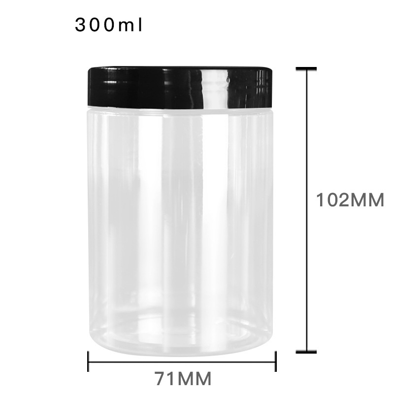 300 ml Durchmesser 68 mm Kunststoff-Verpackungsflasche, durchsichtige PET-Lebensmittel-Süßigkeitstöpfe, Aluminium-Schraubdeckel, leere Blumen-Teegläser, Kosmetikbehälter