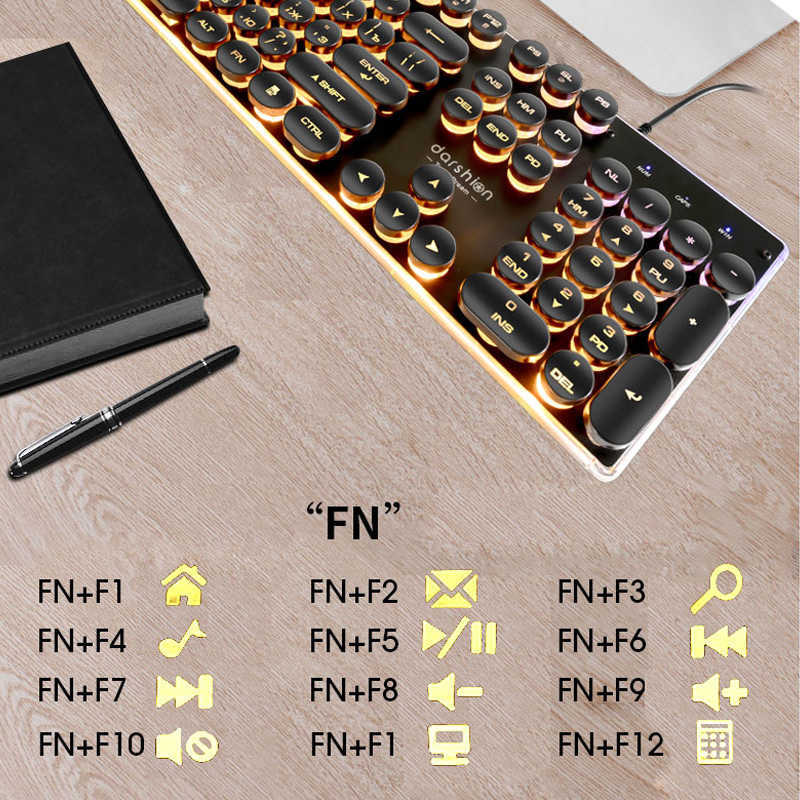 Gaming ryskt tangentbord Retro Runt Glödande Keycap Bakgrundsbelyst USB-trådbunden metallpanel Belyst kant Vattentät