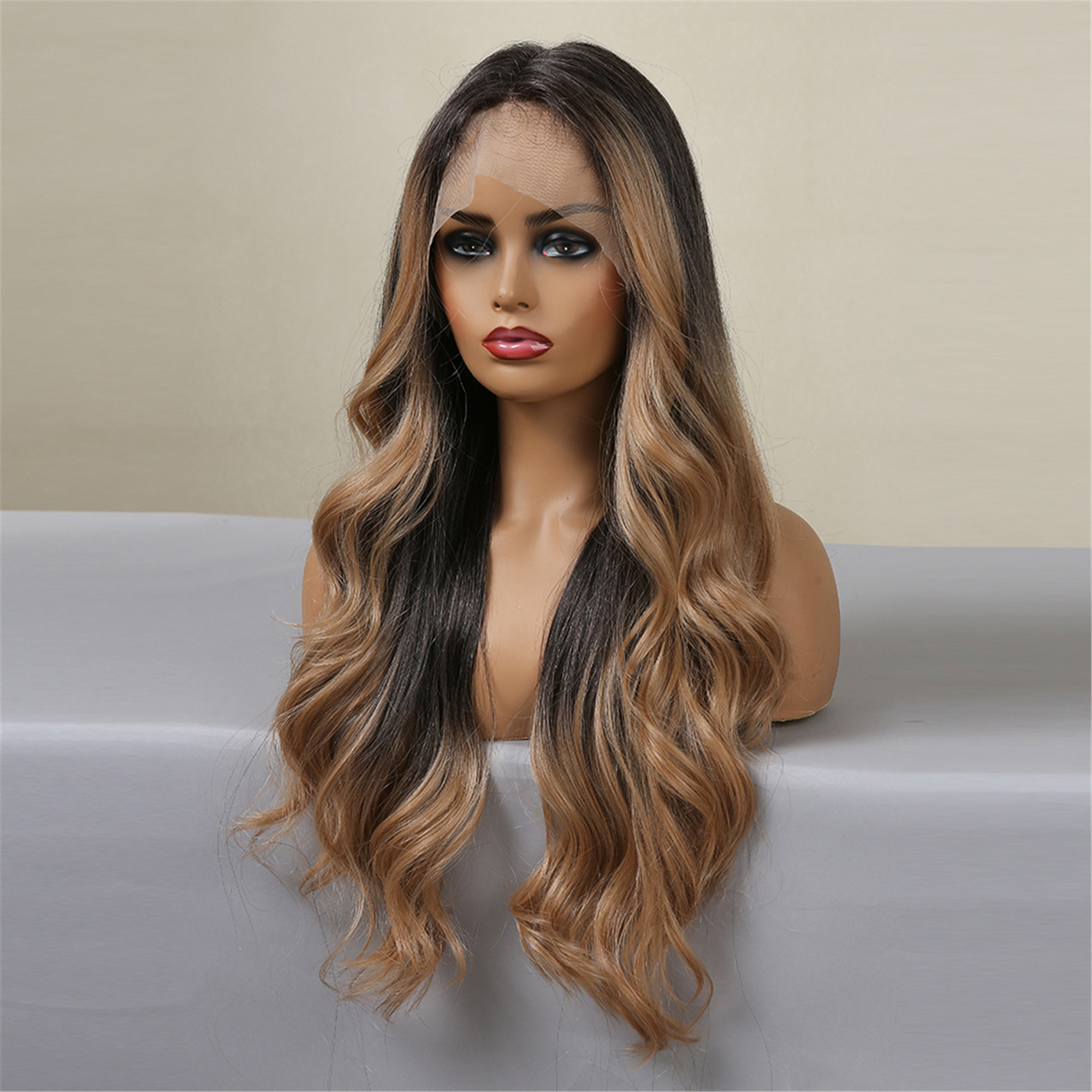 Long Body Wave Synthetic Lace Front Wigs for Women Afro Brown Ombre to Blonde T Part Lace Wig Colored Highlight Hairfactory direct