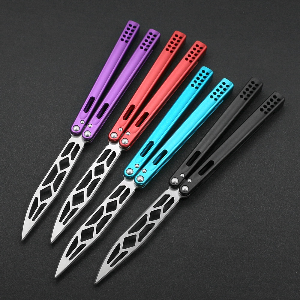 SF Quatre couteaux d'exercice pliants papillon pratiques 420 Lame Aviation Aluminium 6061-T6 Débutant Balisong Blunt Angle Swinging Knife