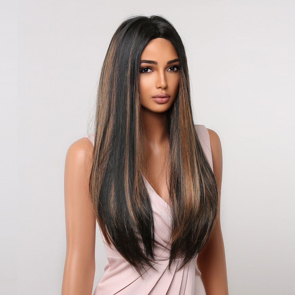 Black Balayage Synthetic Wig with Highlights Middle Part Long Straight Wigs Dark Brown Hair Wigs for Women Afrofactory direct