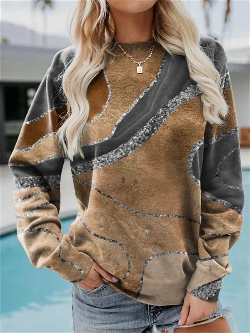 T-shirt femme 2022 automne/hiver nouveau femmes abstrait géométrique ample imprimé surdimensionné haut streetwear à manches longues col rond t-shirt décontracté sweats T230104