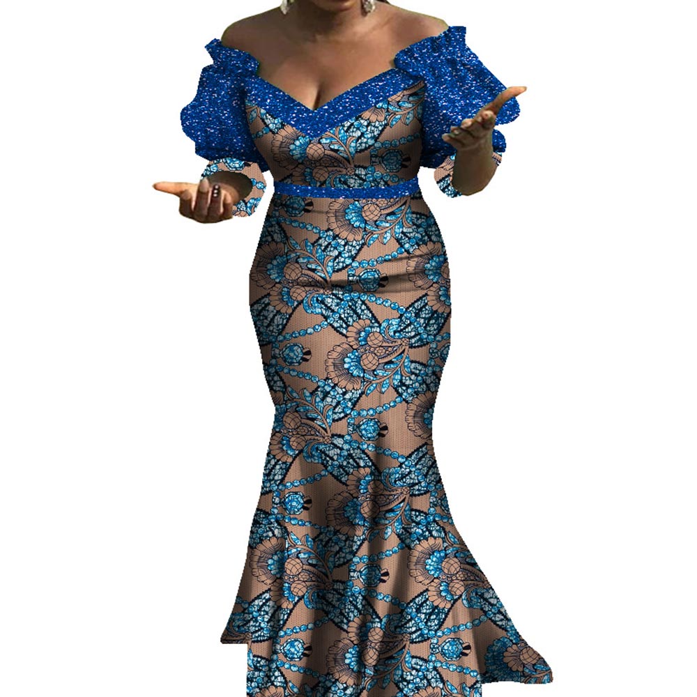 Afrikanska Klänningar För Kvinnor Bazin Riche Style Femme Afrikanska Kläder Graceful Lady Print Vax Plus Size Party Mermaid Dress WY8103