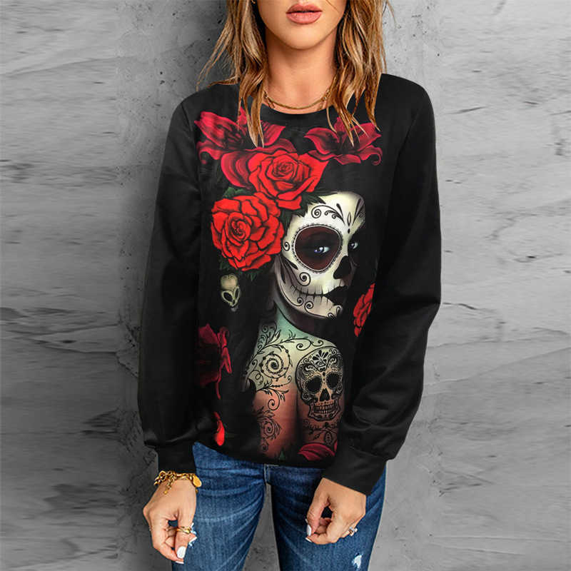 Damen T-Shirt Scary Facebook Print Frauen Halloween Party T-Shirt für 2022 Herbst Langarm Pullover Übergroße T-Shirts Casual O-Neck Lady Tops T230104