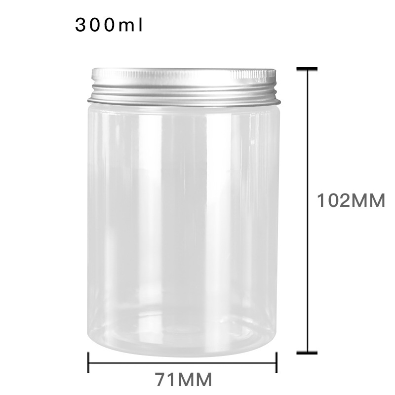 300 ml Durchmesser 68 mm Kunststoff-Verpackungsflasche, durchsichtige PET-Lebensmittel-Süßigkeitstöpfe, Aluminium-Schraubdeckel, leere Blumen-Teegläser, Kosmetikbehälter