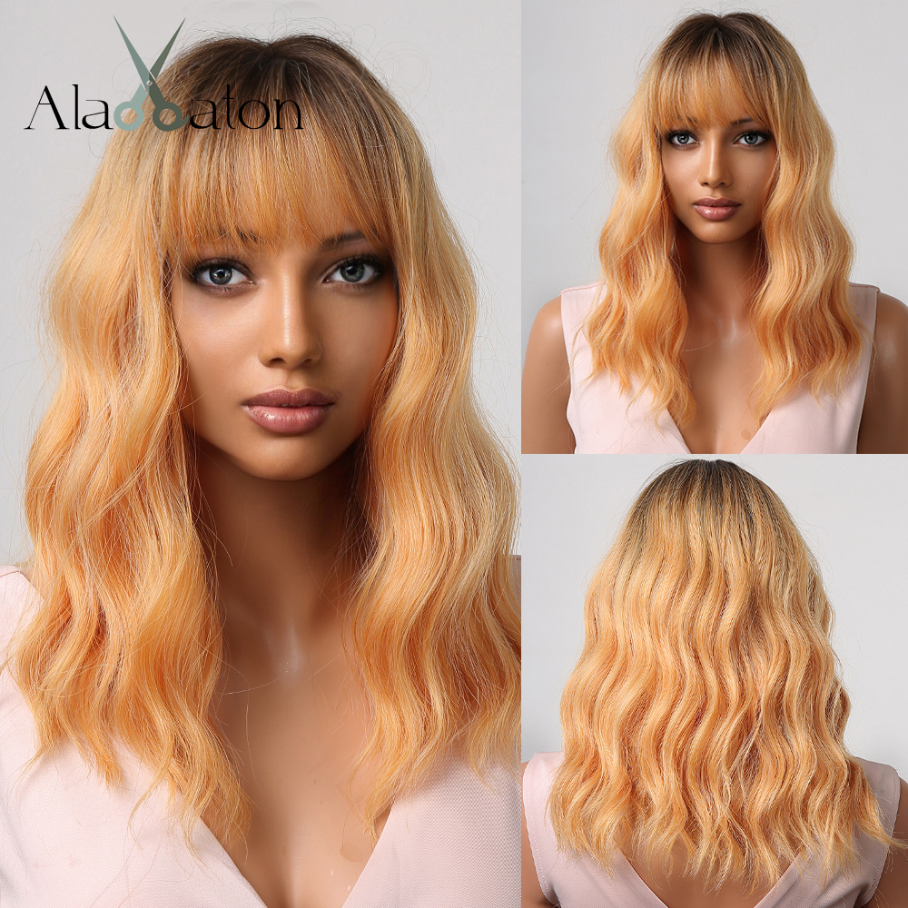 Perucas de cabelo naturais de ondulação marrom médio para mulheres perucas afro com franja fofa bob perucas resistentes ao calor