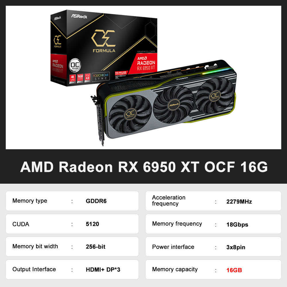 ASROCK NEW AMD RADEON RX 6950 XT RX6950XTグラフィックカード16GB GDDR6 AMD GPU 256ビット7NMサポートAMD CPUビデオカードPlaca de Video