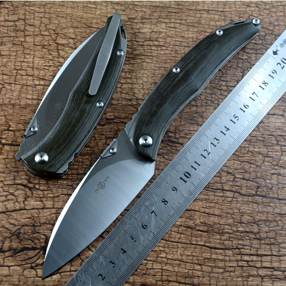 Twosun Folding Knife D2 Satin CNC Blade Ceramic Ball Bearing Washer Micarta Titanium Handle Hiking Outdoor Tool Camping Knives TS357