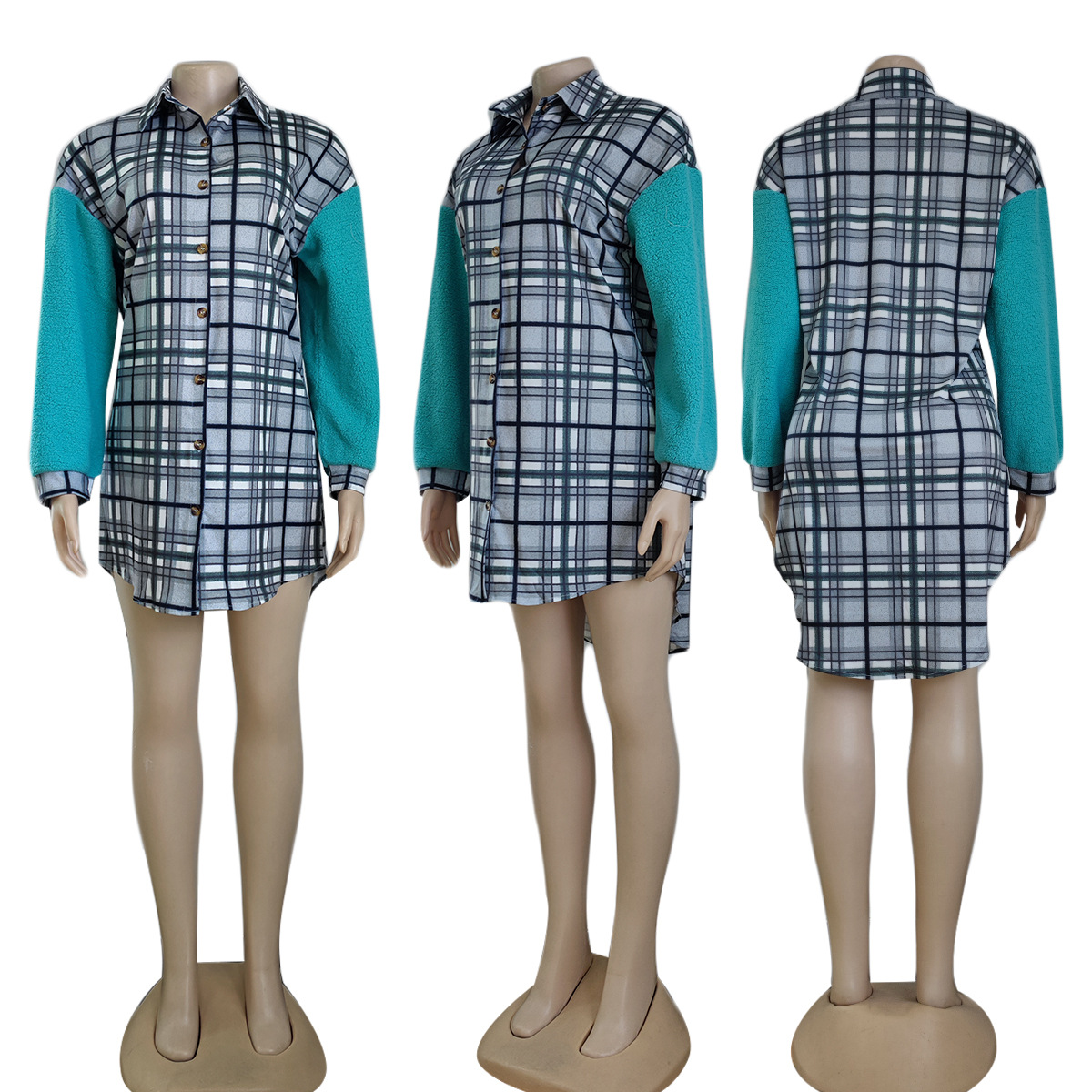 Vestidos camiseros con paneles de piel para mujer, Mini vestido corto informal con cuello de solapa y manga larga, envío gratis