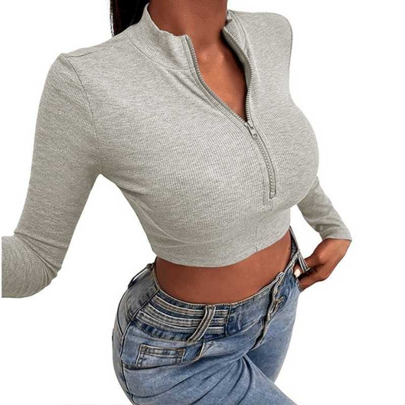 Women's T-Shirt Sexy Tess Short Crop Tops Ribbed Women T Shirts Autumn Clothes Zip-up Long Sleeve Turtleneck Knitted Shirt Neon Green Club GV907 T230104