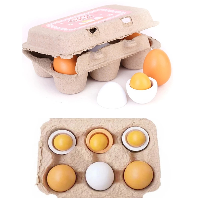 6pcs/set Simulation Wooden Eggs Kitchens Play Food Set Toys Pretend Wood Egg Yolk Children Kid Education Montessori Toy 1274