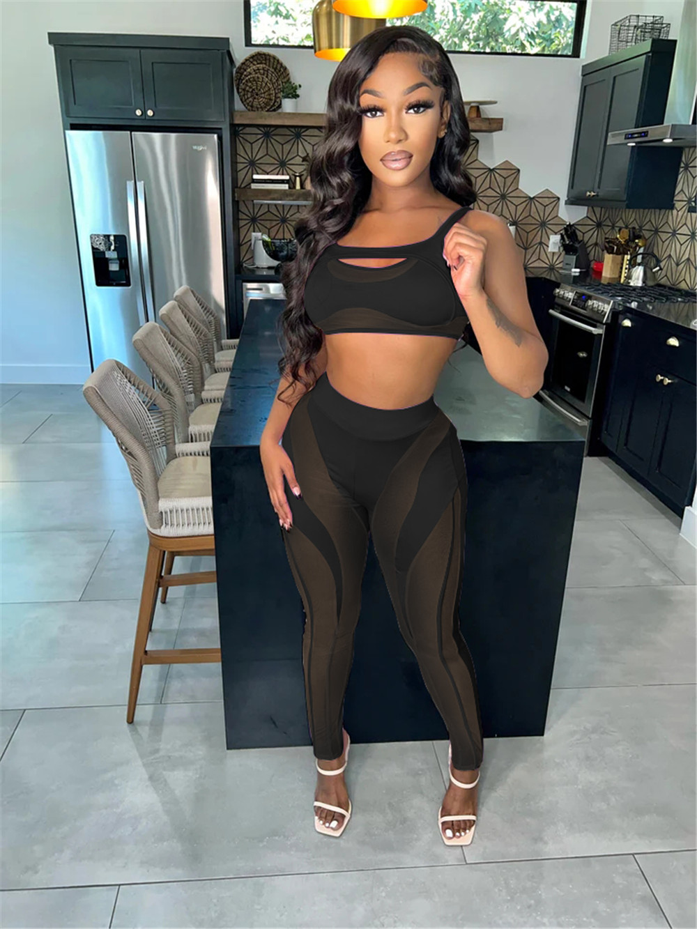 Bulk groothandel tracksuits dames zomer outfits tweedelige set solide mouwloze tanktop en mesh leggings sexy zie door kleding nachtclub dragen 9172